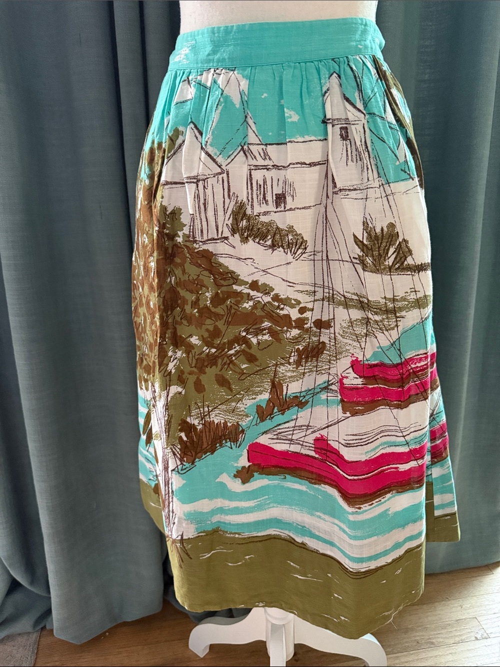 Women's Teal and Pink Scenic Print Midi Skirt
